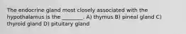 The endocrine gland most closely associated with the hypothalamus is the ________. A) thymus B) pineal gland C) thyroid gland D) pituitary gland