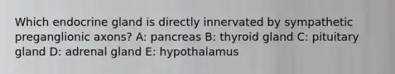 Which endocrine gland is directly innervated by sympathetic preganglionic axons? A: pancreas B: thyroid gland C: pituitary gland D: adrenal gland E: hypothalamus