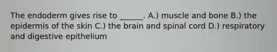 The endoderm gives rise to ______. A.) muscle and bone B.) the epidermis of the skin C.) the brain and spinal cord D.) respiratory and digestive epithelium