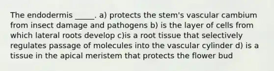 The endodermis _____. a) protects the stem's vascular cambium from insect damage and pathogens b) is the layer of cells from which lateral roots develop c)is a root tissue that selectively regulates passage of molecules into the vascular cylinder d) is a tissue in the apical meristem that protects the flower bud