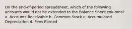 On the end-of-period spreadsheet, which of the following accounts would not be extended to the Balance Sheet columns? a. Accounts Receivable b. Common Stock c. Accumulated Depreciation d. Fees Earned