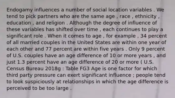 Endogamy influences a number of social location variables . We tend to pick partners who are the same age , race , ethnicity , education , and religion . Although the degree of influence of these variables has shifted over time , each continues to play a significant role . When it comes to age , for example , 34 percent of all married couples in the United States are within one year of each other and 77 percent are within five years . Only 9 percent of U.S. couples have an age difference of 10 or more years , and just 1.3 percent have an age difference of 20 or more ( U.S. Census Bureau 2018g : Table FG3 Age is one factor for which third party pressure can exert significant influence ; people tend to look suspiciously at relationships in which the age difference is perceived to be too large .