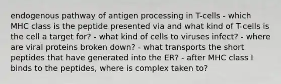 endogenous pathway of antigen processing in T-cells - which MHC class is the peptide presented via and what kind of T-cells is the cell a target for? - what kind of cells to viruses infect? - where are viral proteins broken down? - what transports the short peptides that have generated into the ER? - after MHC class I binds to the peptides, where is complex taken to?