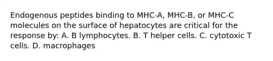 Endogenous peptides binding to MHC-A, MHC-B, or MHC-C molecules on the surface of hepatocytes are critical for the response by: A. B lymphocytes. B. T helper cells. C. cytotoxic T cells. D. macrophages