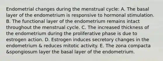 Endometrial changes during the menstrual cycle: A. The basal layer of the endometrium is responsive to hormonal stimulation. B. The functional layer of the endometrium remains intact throughout the menstrual cycle. C. The increased thickness of the endometrium during the proliferative phase is due to estrogen action. D. Estrogen induces secretory changes in the endometrium & reduces mitotic activity. E. The zona compacta &spongiosum layer the basal layer of the endometrium.