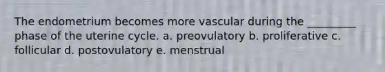 The endometrium becomes more vascular during the _________ phase of the uterine cycle. a. preovulatory b. proliferative c. follicular d. postovulatory e. menstrual