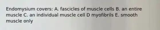 Endomysium covers: A. fascicles of muscle cells B. an entire muscle C. an individual muscle cell D myofibrils E. smooth muscle only