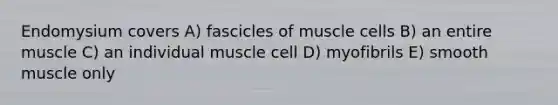 Endomysium covers A) fascicles of muscle cells B) an entire muscle C) an individual muscle cell D) myofibrils E) smooth muscle only