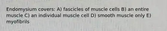 Endomysium covers: A) fascicles of muscle cells B) an entire muscle C) an individual muscle cell D) smooth muscle only E) myofibrils