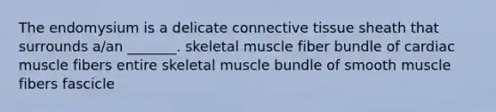 The endomysium is a delicate connective tissue sheath that surrounds a/an _______. skeletal muscle fiber bundle of cardiac muscle fibers entire skeletal muscle bundle of smooth muscle fibers fascicle