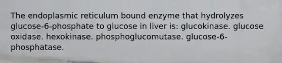 The endoplasmic reticulum bound enzyme that hydrolyzes glucose-6-phosphate to glucose in liver is: glucokinase. glucose oxidase. hexokinase. phosphoglucomutase. glucose-6-phosphatase.