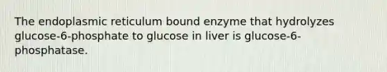 The endoplasmic reticulum bound enzyme that hydrolyzes glucose-6-phosphate to glucose in liver is glucose-6-phosphatase.