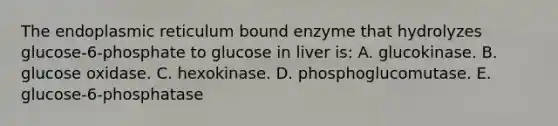 The endoplasmic reticulum bound enzyme that hydrolyzes glucose-6-phosphate to glucose in liver is: A. glucokinase. B. glucose oxidase. C. hexokinase. D. phosphoglucomutase. E. glucose-6-phosphatase