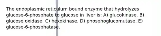 The endoplasmic reticulum bound enzyme that hydrolyzes glucose-6-phosphate to glucose in liver is: A) glucokinase. B) glucose oxidase. C) hexokinase. D) phosphoglucomutase. E) glucose-6-phosphatase.