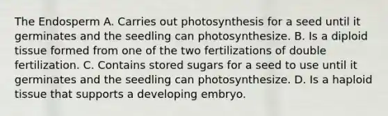 The Endosperm A. Carries out photosynthesis for a seed until it germinates and the seedling can photosynthesize. B. Is a diploid tissue formed from one of the two fertilizations of double fertilization. C. Contains stored sugars for a seed to use until it germinates and the seedling can photosynthesize. D. Is a haploid tissue that supports a developing embryo.