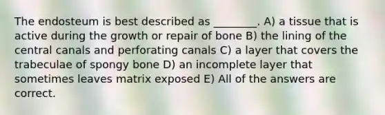 The endosteum is best described as ________. A) a tissue that is active during the growth or repair of bone B) the lining of the central canals and perforating canals C) a layer that covers the trabeculae of spongy bone D) an incomplete layer that sometimes leaves matrix exposed E) All of the answers are correct.