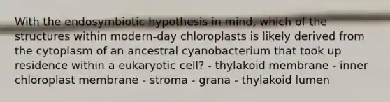 With the endosymbiotic hypothesis in mind, which of the structures within modern-day chloroplasts is likely derived from the cytoplasm of an ancestral cyanobacterium that took up residence within a eukaryotic cell? - thylakoid membrane - inner chloroplast membrane - stroma - grana - thylakoid lumen