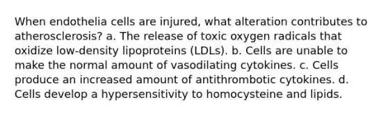 When endothelia cells are injured, what alteration contributes to atherosclerosis? a. The release of toxic oxygen radicals that oxidize low-density lipoproteins (LDLs). b. Cells are unable to make the normal amount of vasodilating cytokines. c. Cells produce an increased amount of antithrombotic cytokines. d. Cells develop a hypersensitivity to homocysteine and lipids.