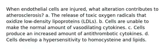 When endothelial cells are injured, what alteration contributes to atherosclerosis? a. The release of toxic oxygen radicals that oxidize low-density lipoproteins (LDLs). b. Cells are unable to make the normal amount of vasodilating cytokines. c. Cells produce an increased amount of antithrombotic cytokines. d. Cells develop a hypersensitivity to homocysteine and lipids.