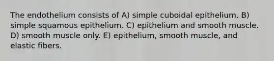 The endothelium consists of A) simple cuboidal epithelium. B) simple squamous epithelium. C) epithelium and smooth muscle. D) smooth muscle only. E) epithelium, smooth muscle, and elastic fibers.