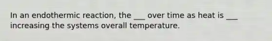 In an endothermic reaction, the ___ over time as heat is ___ increasing the systems overall temperature.