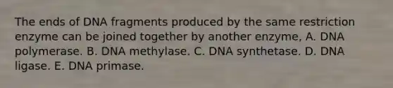 The ends of DNA fragments produced by the same restriction enzyme can be joined together by another enzyme, A. DNA polymerase. B. DNA methylase. C. DNA synthetase. D. DNA ligase. E. DNA primase.