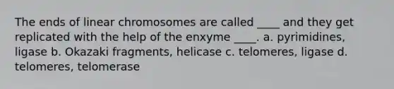 The ends of linear chromosomes are called ____ and they get replicated with the help of the enxyme ____. a. pyrimidines, ligase b. Okazaki fragments, helicase c. telomeres, ligase d. telomeres, telomerase