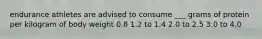 endurance athletes are advised to consume ___ grams of protein per kilogram of body weight 0.8 1.2 to 1.4 2.0 to 2.5 3.0 to 4.0