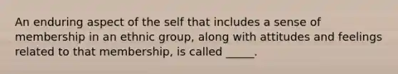 An enduring aspect of the self that includes a sense of membership in an ethnic group, along with attitudes and feelings related to that membership, is called _____.