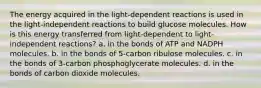 The energy acquired in the light-dependent reactions is used in the light-independent reactions to build glucose molecules. How is this energy transferred from light-dependent to light-independent reactions? a. in the bonds of ATP and NADPH molecules. b. in the bonds of 5-carbon ribulose molecules. c. in the bonds of 3-carbon phosphoglycerate molecules. d. in the bonds of carbon dioxide molecules.