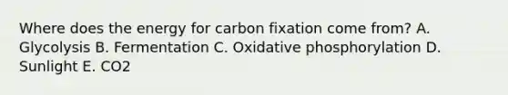 Where does the energy for carbon fixation come from? A. Glycolysis B. Fermentation C. Oxidative phosphorylation D. Sunlight E. CO2