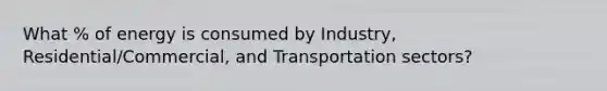 What % of energy is consumed by Industry, Residential/Commercial, and Transportation sectors?