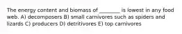 The energy content and biomass of ________ is lowest in any food web. A) decomposers B) small carnivores such as spiders and lizards C) producers D) detritivores E) top carnivores