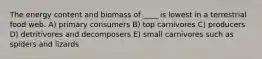 The energy content and biomass of ____ is lowest in a terrestrial food web. A) primary consumers B) top carnivores C) producers D) detritivores and decomposers E) small carnivores such as spiders and lizards