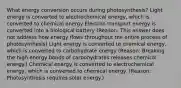 What energy conversion occurs during photosynthesis? Light energy is converted to electrochemical energy, which is converted to chemical energy Electron transport energy is converted into a biological battery (Reason: This answer does not address how energy flows throughout the entire process of photosynthesis) Light energy is converted to chemical energy, which is converted to carbohydrate energy (Reason: Breaking the high energy bonds of carbohydrates releases chemical energy.) Chemical energy is converted to electrochemical energy, which is converted to chemical energy. (Reason: Photosynthesis requires solar energy.)