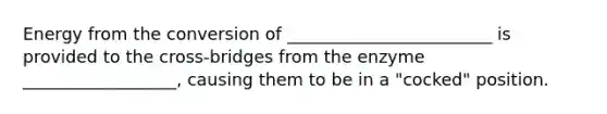 Energy from the conversion of ________________________ is provided to the cross-bridges from the enzyme __________________, causing them to be in a "cocked" position.