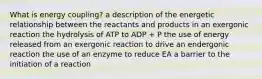 What is energy coupling? a description of the energetic relationship between the reactants and products in an exergonic reaction the hydrolysis of ATP to ADP + P the use of energy released from an exergonic reaction to drive an endergonic reaction the use of an enzyme to reduce EA a barrier to the initiation of a reaction