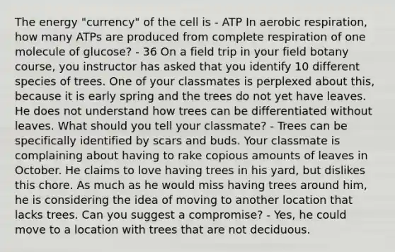 The energy "currency" of the cell is - ATP In aerobic respiration, how many ATPs are produced from complete respiration of one molecule of glucose? - 36 On a field trip in your field botany course, you instructor has asked that you identify 10 different species of trees. One of your classmates is perplexed about this, because it is early spring and the trees do not yet have leaves. He does not understand how trees can be differentiated without leaves. What should you tell your classmate? - Trees can be specifically identified by scars and buds. Your classmate is complaining about having to rake copious amounts of leaves in October. He claims to love having trees in his yard, but dislikes this chore. As much as he would miss having trees around him, he is considering the idea of moving to another location that lacks trees. Can you suggest a compromise? - Yes, he could move to a location with trees that are not deciduous.