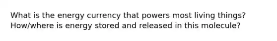 What is the energy currency that powers most living things? How/where is energy stored and released in this molecule?