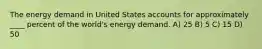 The energy demand in United States accounts for approximately ____ percent of the world's energy demand. A) 25 B) 5 C) 15 D) 50