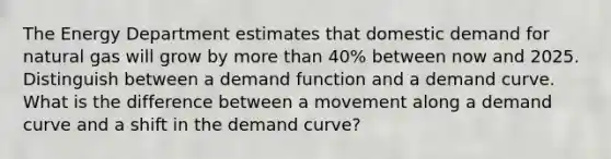 The Energy Department estimates that domestic demand for natural gas will grow by more than 40% between now and 2025. Distinguish between a demand function and a demand curve. What is the difference between a movement along a demand curve and a shift in the demand curve?