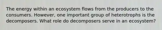 The energy within an ecosystem flows from the producers to the consumers. However, one important group of heterotrophs is the decomposers. What role do decomposers serve in an ecosystem?