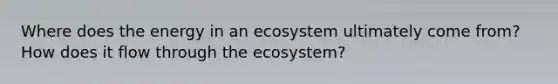 Where does the energy in an ecosystem ultimately come from? How does it flow through <a href='https://www.questionai.com/knowledge/k49x5J3j3W-the-ecosystem' class='anchor-knowledge'>the ecosystem</a>?