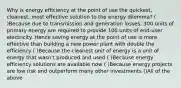 Why is energy efficiency at the point of use the quickest, cleanest, most effective solution to the energy dilemma? ( )Because due to transmission and generation losses, 300 units of primary energy are required to provide 100 units of end-user electricity. Hence saving energy at the point of use is more effective than building a new power plant with double the efficiency ( )Because the cleanest unit of energy is a unit of energy that wasn't produced and used ( )Because energy efficiency solutions are available now ( )Because energy projects are low risk and outperform many other investments ()All of the above