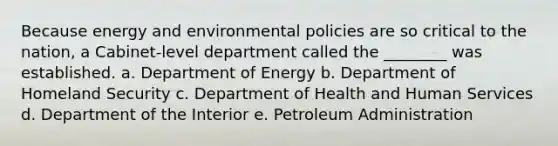 Because energy and environmental policies are so critical to the nation, a Cabinet-level department called the ________ was established. a. Department of Energy b. Department of Homeland Security c. Department of Health and Human Services d. Department of the Interior e. Petroleum Administration