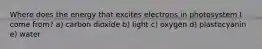 Where does the energy that excites electrons in photosystem I come from? a) carbon dioxide b) light c) oxygen d) plastocyanin e) water