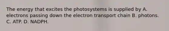 The energy that excites the photosystems is supplied by A. electrons passing down <a href='https://www.questionai.com/knowledge/k57oGBr0HP-the-electron-transport-chain' class='anchor-knowledge'>the electron transport chain</a> B. photons. C. ATP. D. NADPH.