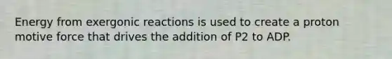 Energy from exergonic reactions is used to create a proton motive force that drives the addition of P2 to ADP.