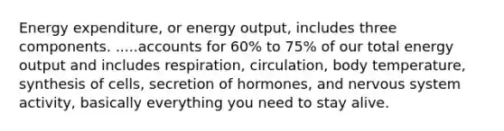 Energy expenditure, or energy output, includes three components. .....accounts for 60% to 75% of our total energy output and includes respiration, circulation, body temperature, synthesis of cells, secretion of hormones, and nervous system activity, basically everything you need to stay alive.