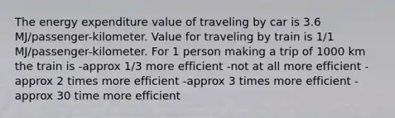 The energy expenditure value of traveling by car is 3.6 MJ/passenger-kilometer. Value for traveling by train is 1/1 MJ/passenger-kilometer. For 1 person making a trip of 1000 km the train is -approx 1/3 more efficient -not at all more efficient -approx 2 times more efficient -approx 3 times more efficient -approx 30 time more efficient